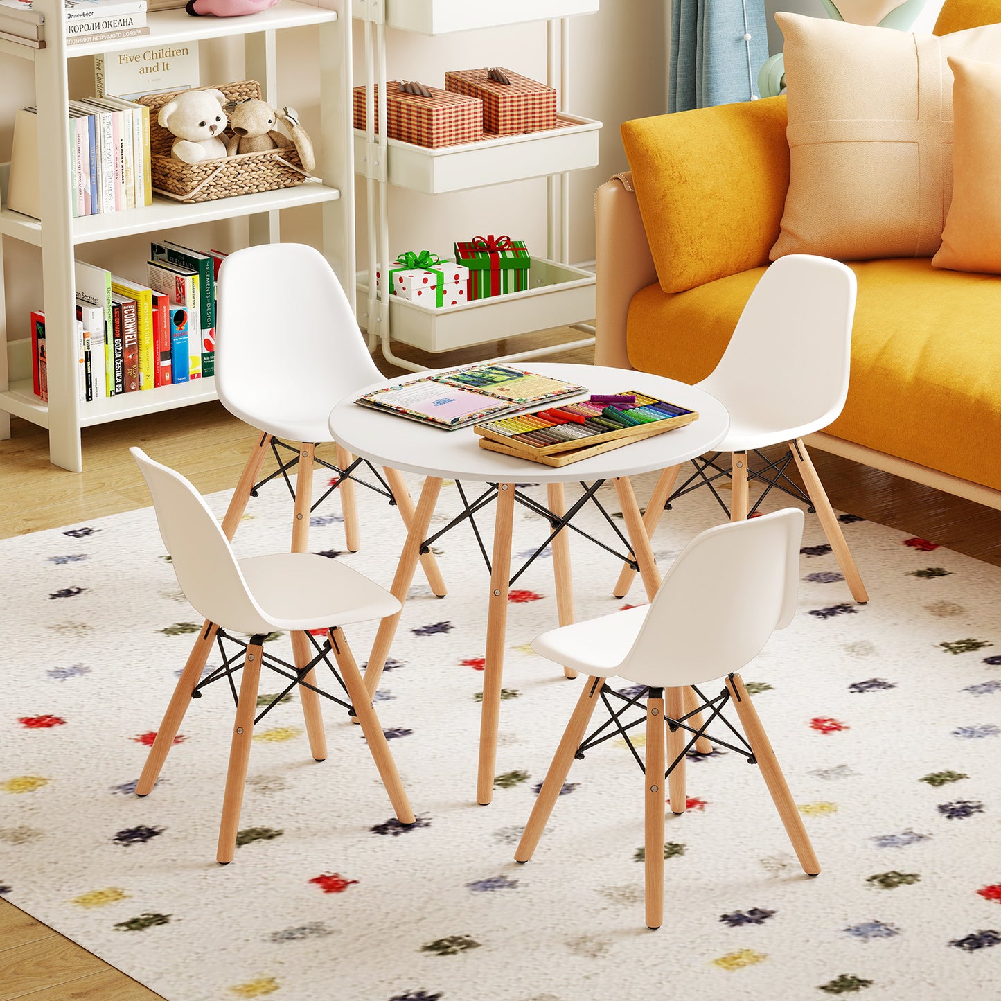 5-Piece Kids Mid-Century Modern Table Chairs Set, White
