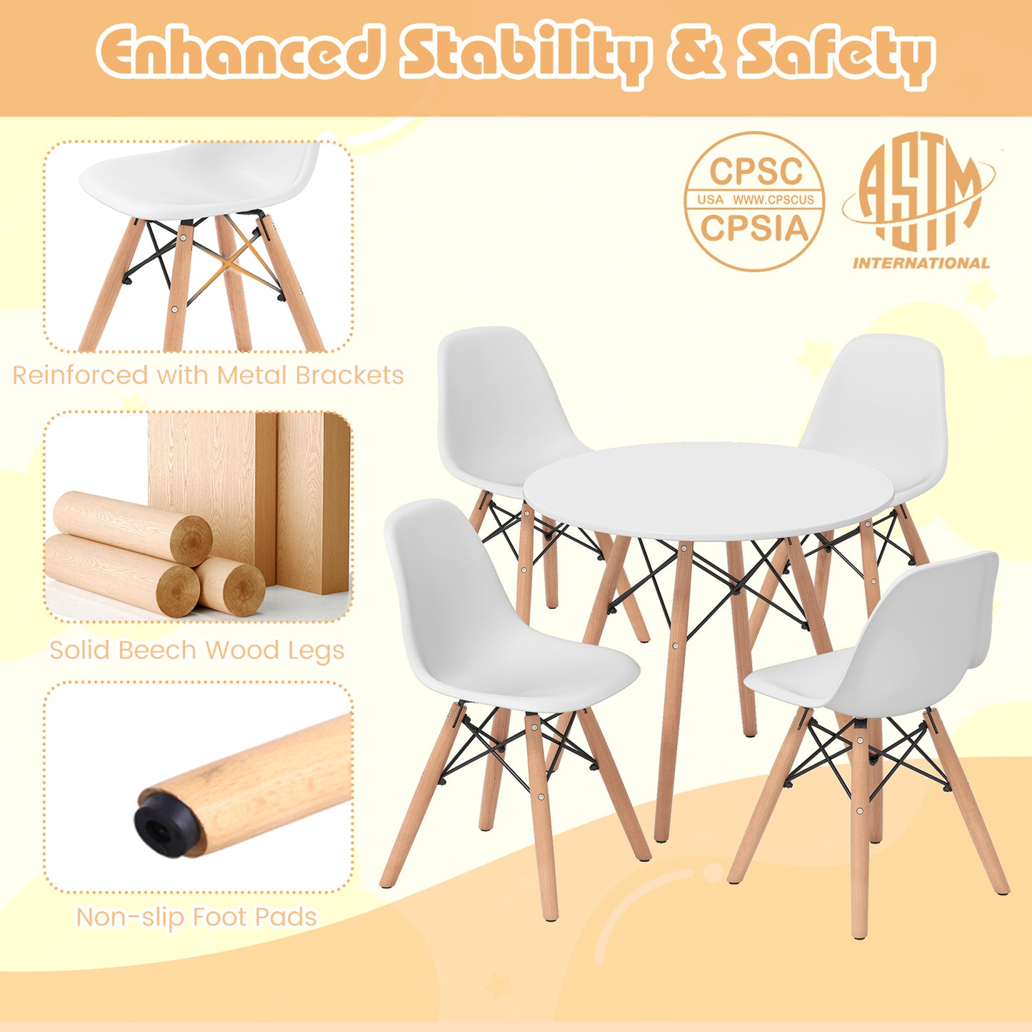 5-Piece Kids Mid-Century Modern Table Chairs Set, White