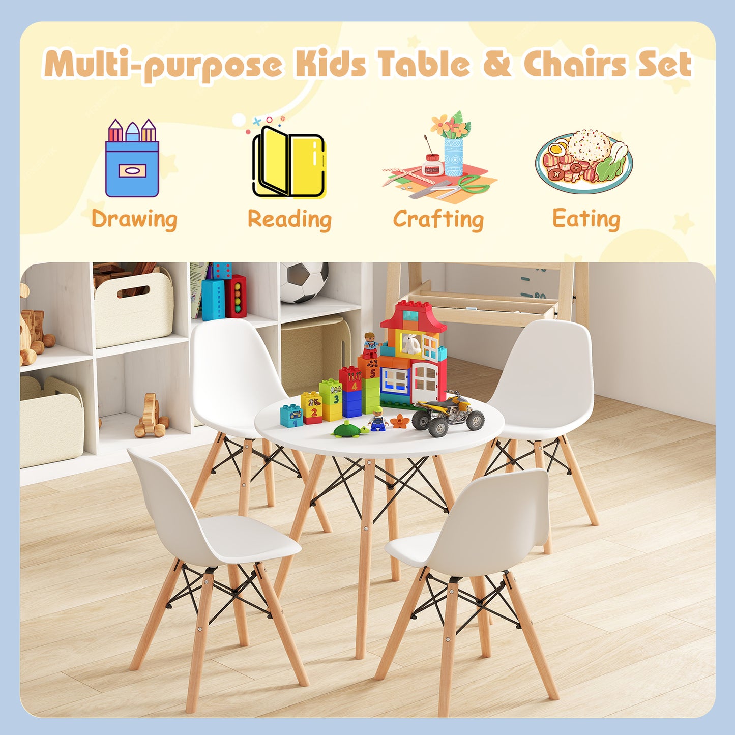 5-Piece Kids Mid-Century Modern Table Chairs Set, White