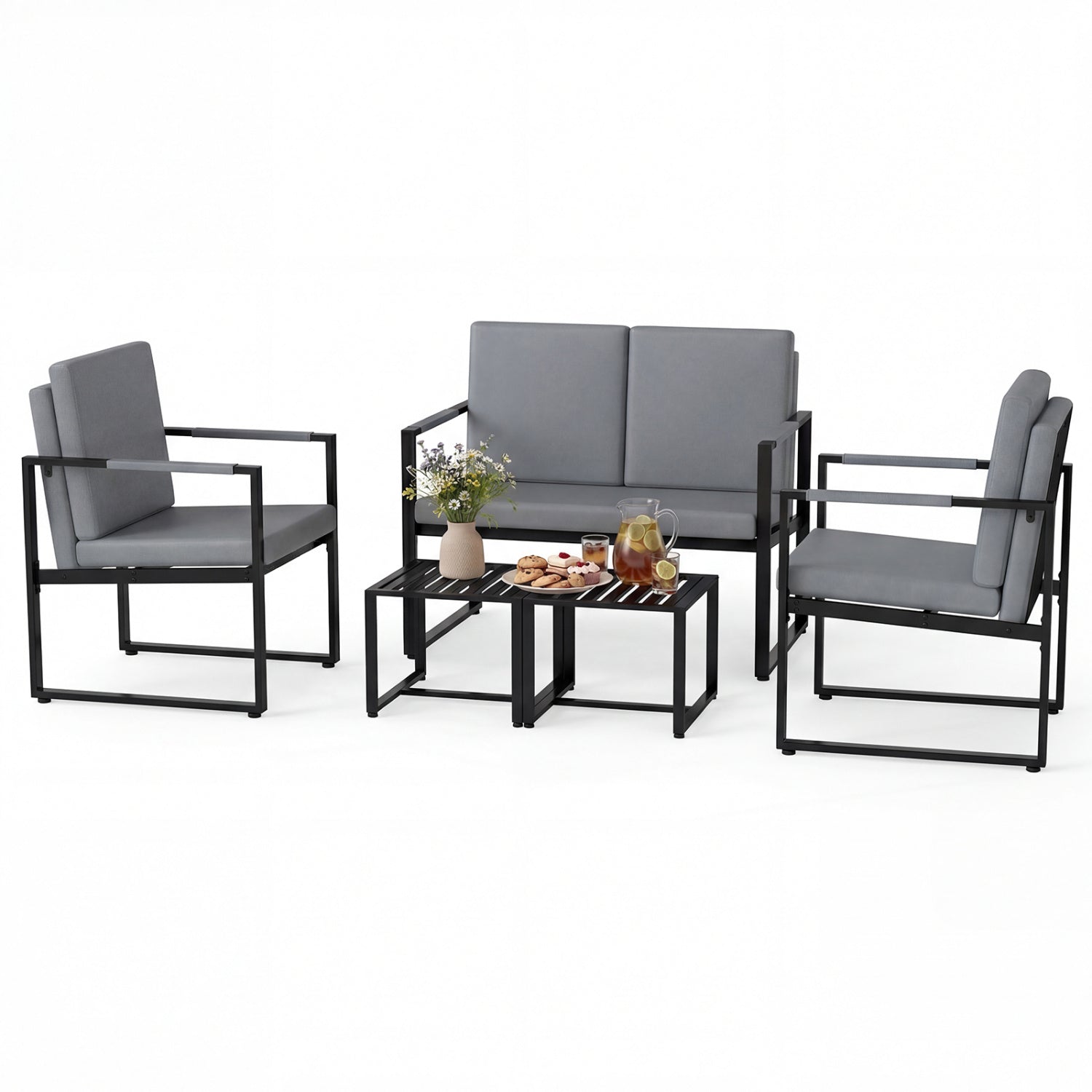 5 Piece Living Room Set, 2 Accent Chairs, 2 Coffee Tables, Gray, Black
