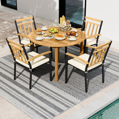 5 Pieces Outdoor Acacia Wood Dining Set Patio Round Table and Metal Chairs with Cushions Patio Dining Sets at Gallery Canada