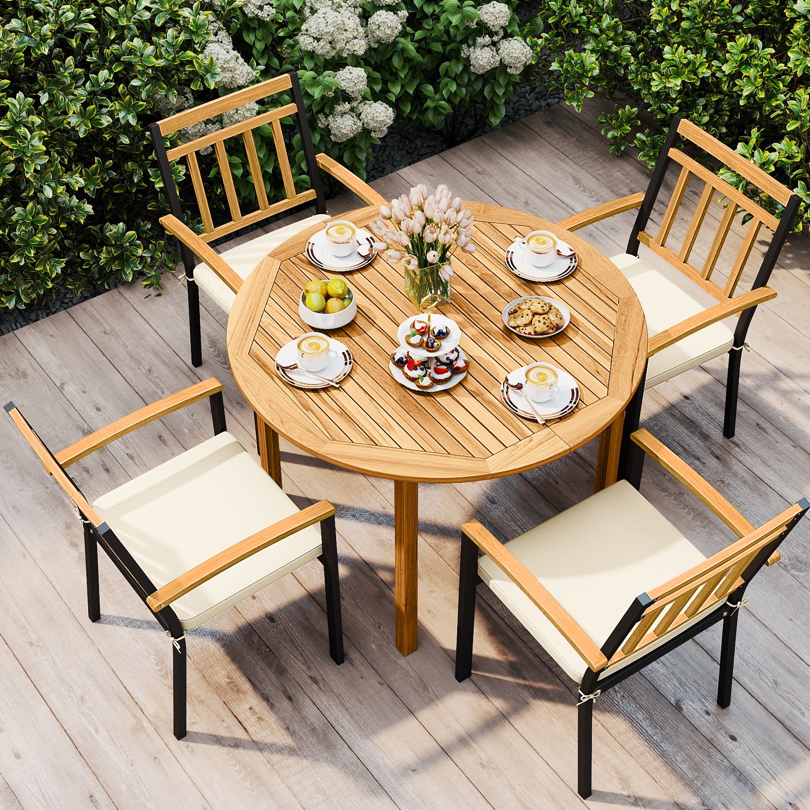 5 Pieces Outdoor Acacia Wood Dining Set Patio Round Table and Metal Chairs with Cushions Patio Dining Sets at Gallery Canada