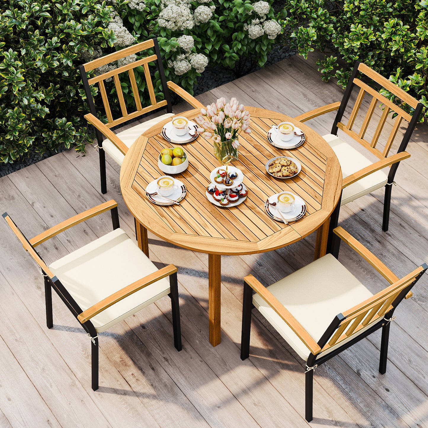 5 Pieces Outdoor Acacia Wood Dining Set Patio Round Table and Metal Chairs with Cushions Patio Dining Sets at Gallery Canada