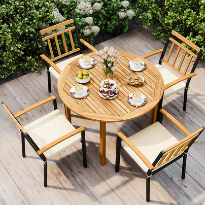 5 Pieces Outdoor Acacia Wood Dining Set Patio Round Table and Metal Chairs with Cushions Patio Dining Sets at Gallery Canada