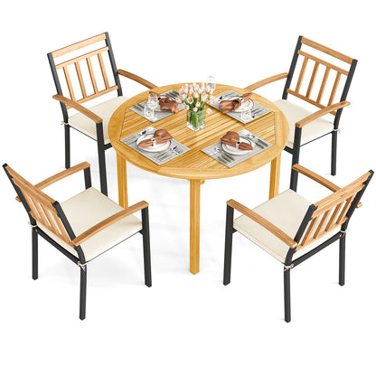 5 Piece Outdoor Acacia Wood Dining Set, Round Table, Metal Chairs with Cushions Patio Dining Sets at Gallery Canada
