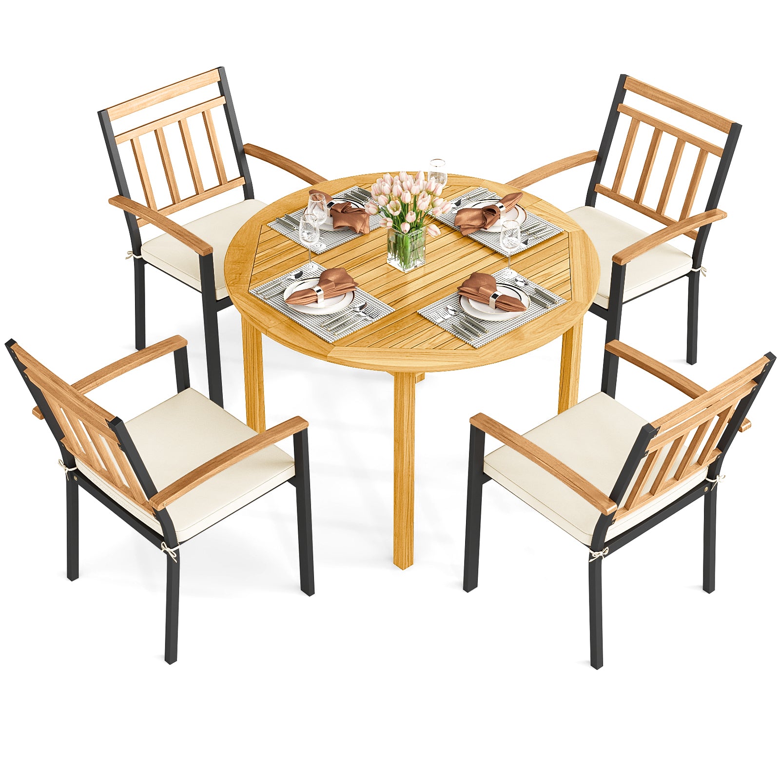 5 Piece Outdoor Acacia Wood Dining Set, Round Table, Metal Chairs with Cushions Patio Dining Sets at Gallery Canada