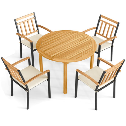 5 Pieces Outdoor Acacia Wood Dining Set Patio Round Table and Metal Chairs with Cushions Patio Dining Sets at Gallery Canada