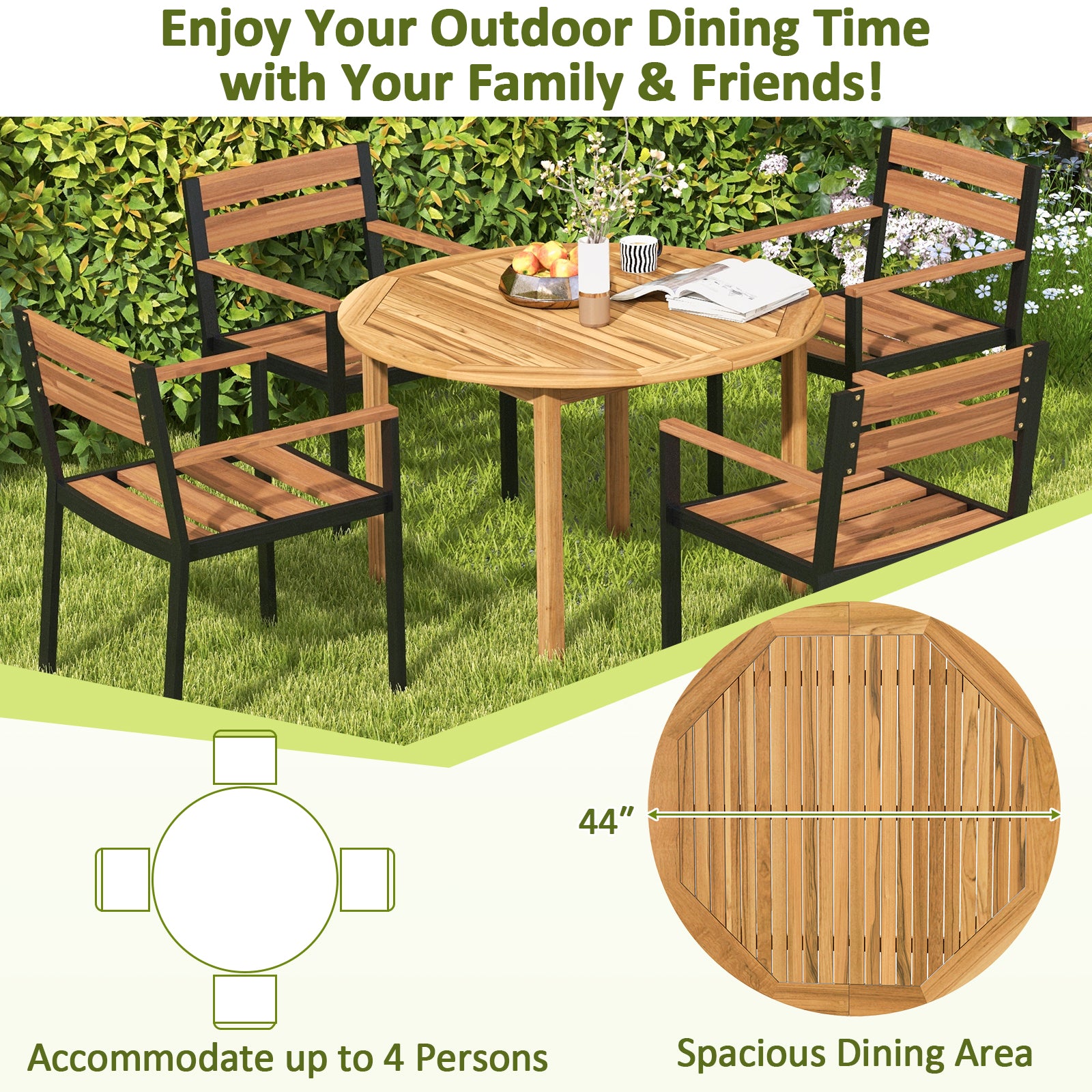 5 Pieces Outdoor Acacia Wood Dining Set Patio Round Table and Metal Chairs with Cushions Patio Dining Sets at Gallery Canada