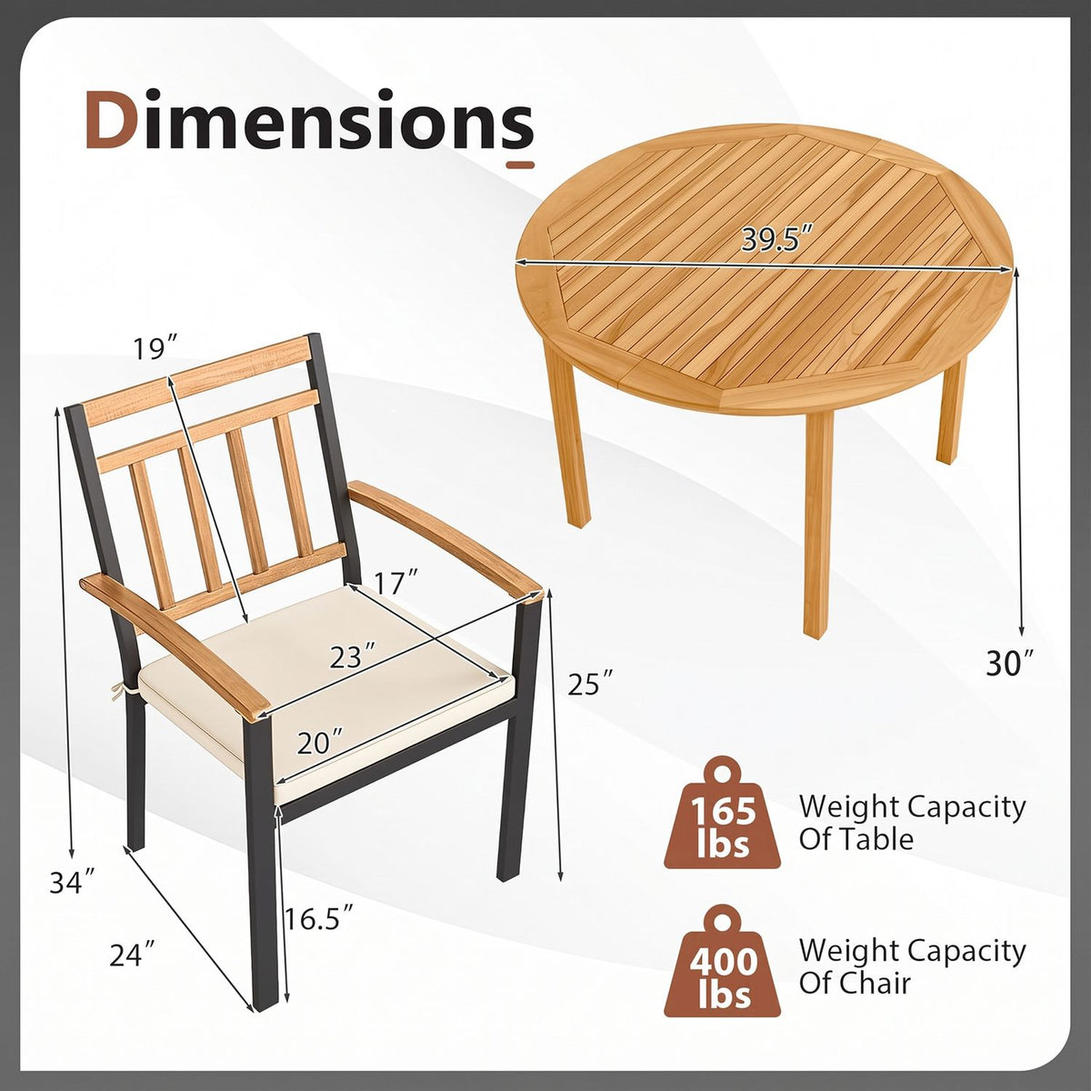 5 Piece Acacia Wood Dining Set Round Table Metal Chairs with Cushions Patio Dining Sets at Gallery Canada
