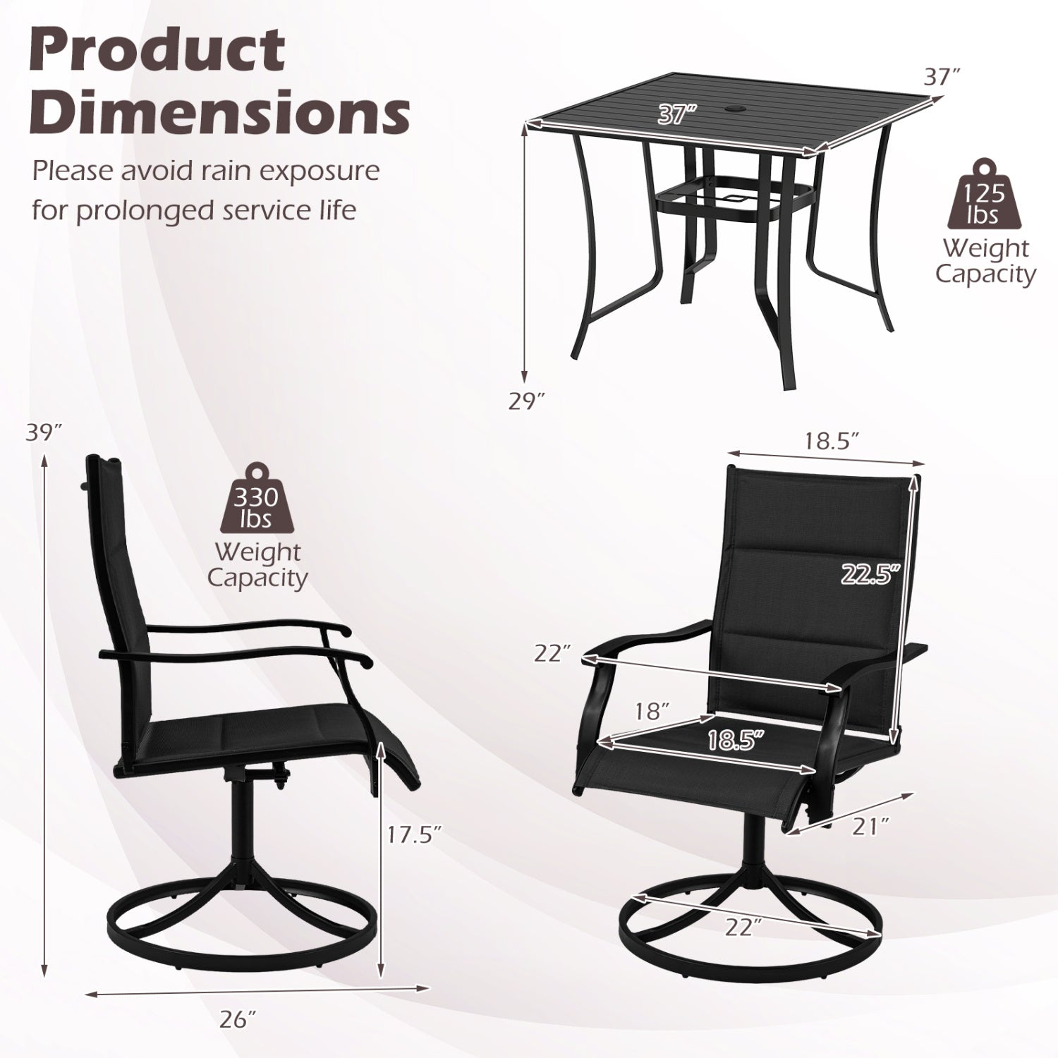 Outdoor Dining Set, 4 Swivel Chairs, 36 Inch Square Patio Table, Black Patio Dining Sets at Gallery Canada