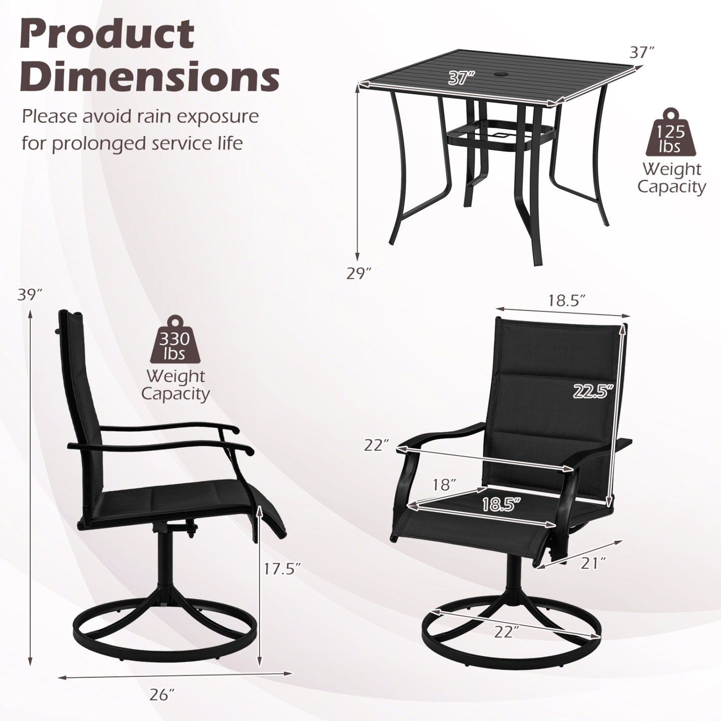 Outdoor Dining Set, 4 Swivel Chairs, 36 Inch Square Patio Table, Black Patio Dining Sets at Gallery Canada