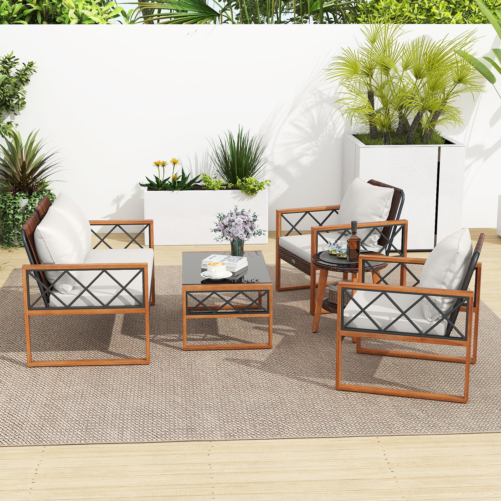 5 Pieces PE Wicker Patio Furniture Set with Acacia Wood Frame Patio Dining Sets at Gallery Canada