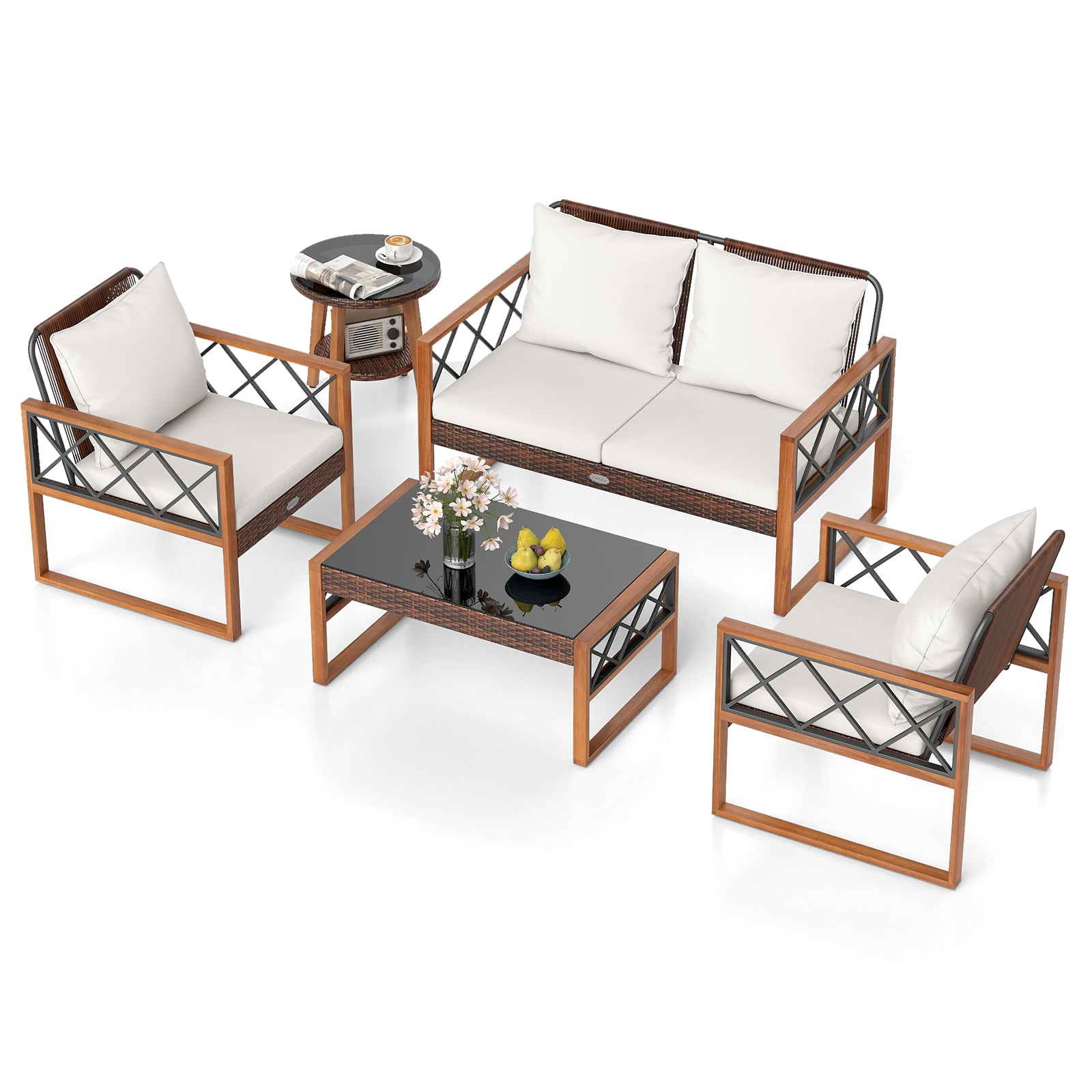 5 Pieces PE Wicker Patio Furniture Set with Acacia Wood Frame Patio Dining Sets Options at Gallery Canada