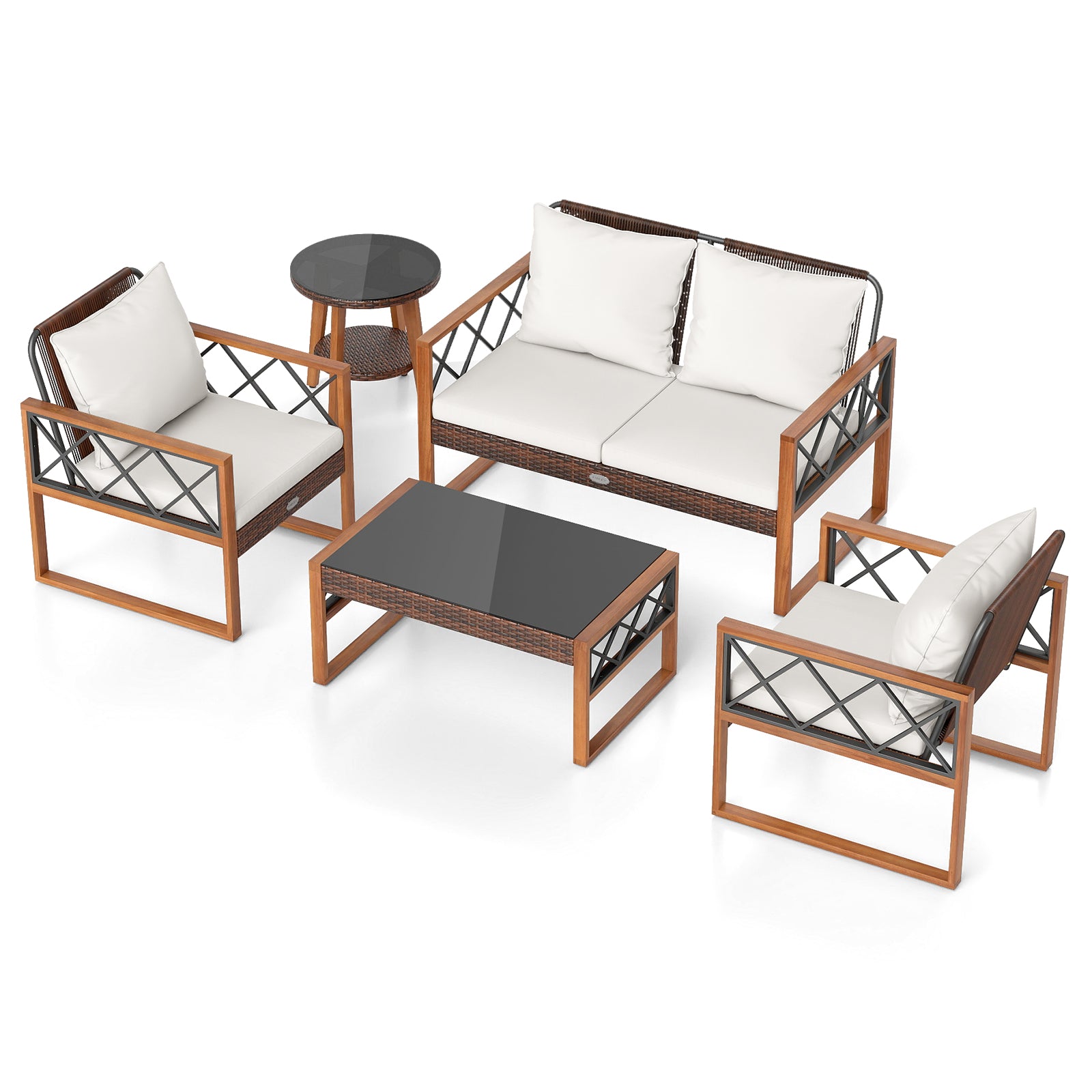 5 Pieces PE Wicker Patio Furniture Set with Acacia Wood Frame Patio Dining Sets at Gallery Canada