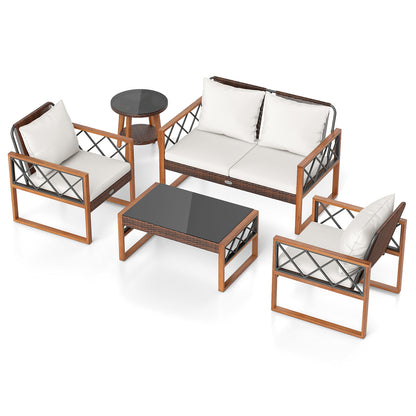 5 Pieces PE Wicker Patio Furniture Set with Acacia Wood Frame Patio Dining Sets at Gallery Canada