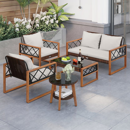 5 Pieces PE Wicker Patio Furniture Set with Acacia Wood Frame Patio Dining Sets at Gallery Canada