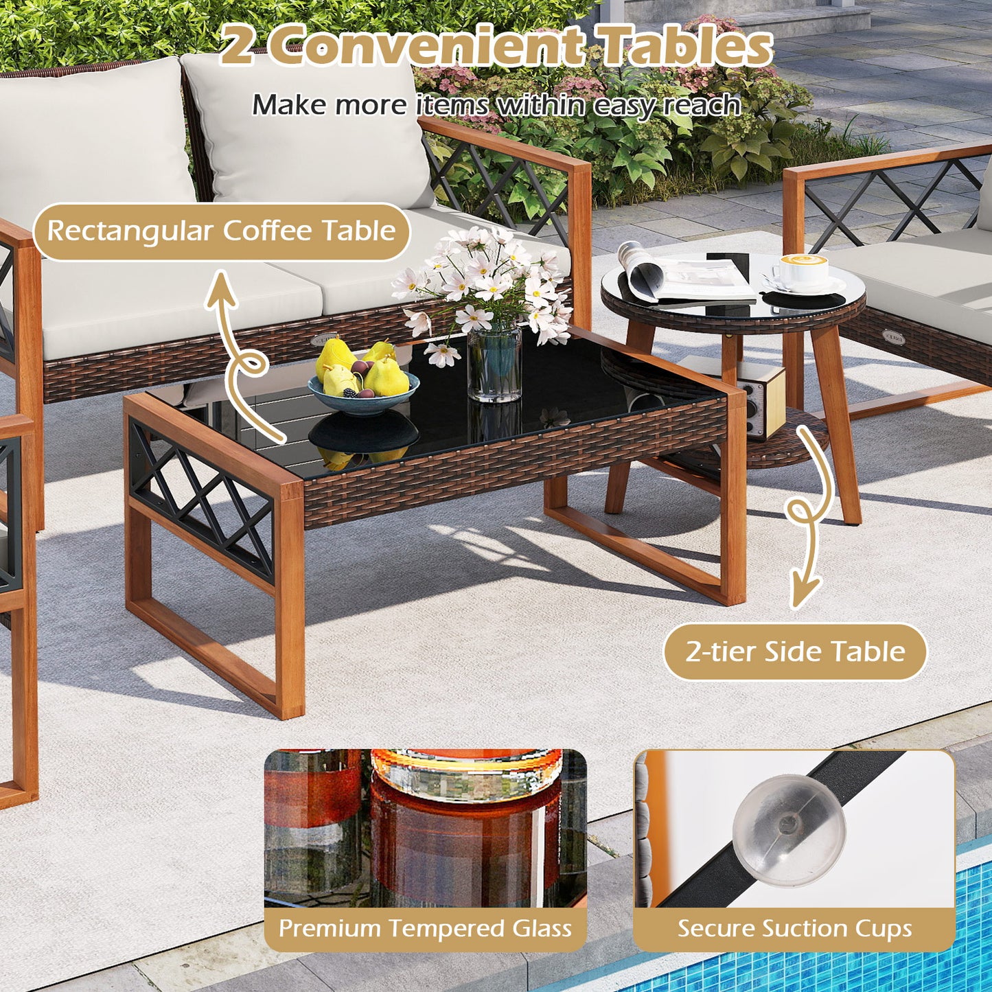 5 Pieces PE Wicker Patio Furniture Set with Acacia Wood Frame Patio Dining Sets at Gallery Canada