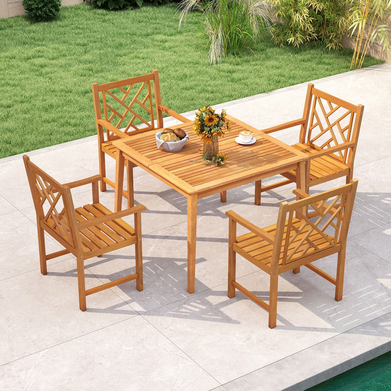 5-Pieces Patio Dining Table Set Wood Square Dining Table with 4 Chairs and Slatted Tabletop Patio Dining Sets at Gallery Canada