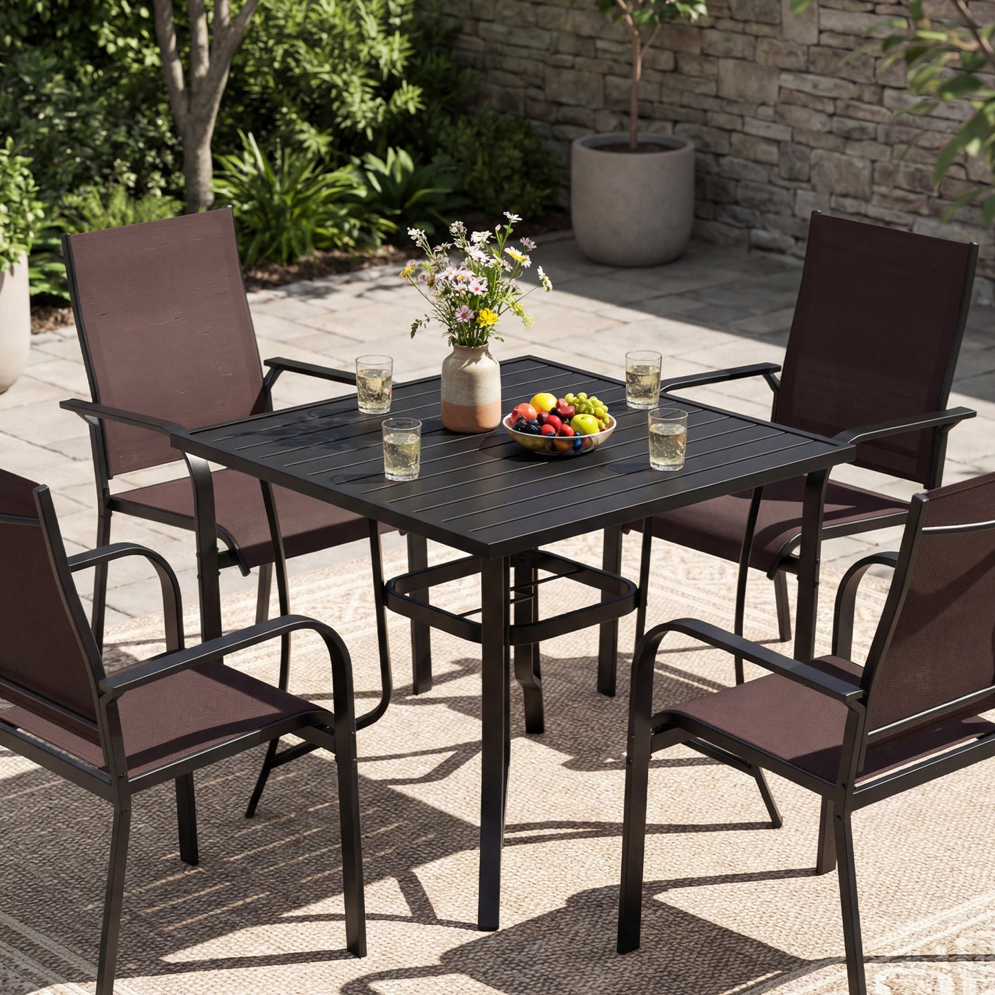 5-Piece Patio Dining Set, Square Table and Stackable Chairs, Brown Patio Conversation Sets at Gallery Canada