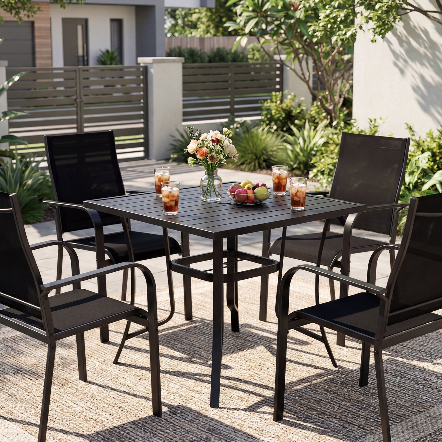 5 Piece Patio Dining Set, Outdoor Square Table, Stackable Chairs, Black Patio Conversation Sets at Gallery Canada