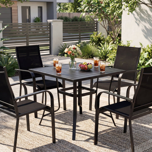 5 Piece Patio Dining Set, Outdoor Square Table, Stackable Chairs, Black Patio Conversation Sets Black at Gallery Canada