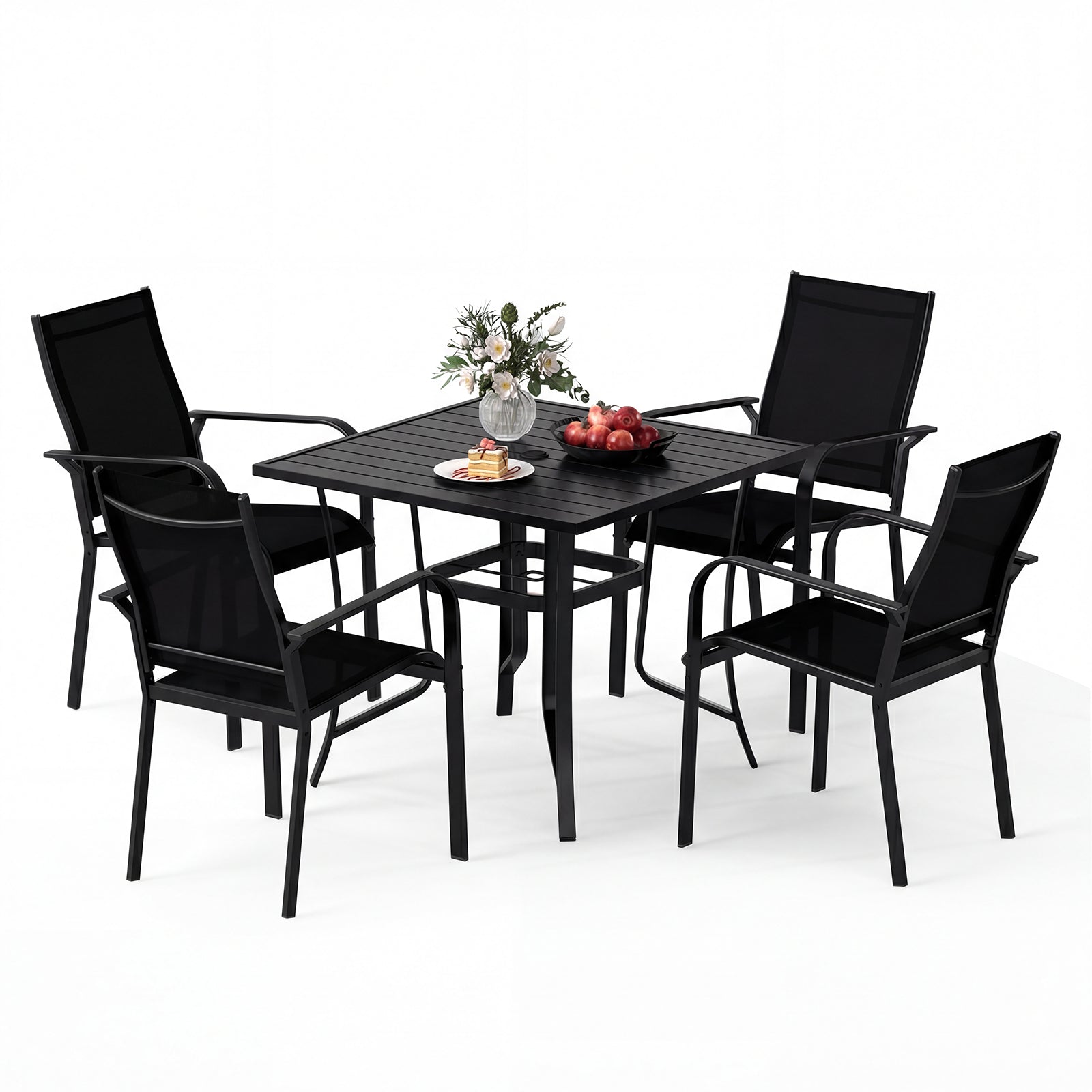 5 Piece Patio Dining Set, Outdoor Square Table, Stackable Chairs, Black Patio Conversation Sets at Gallery Canada