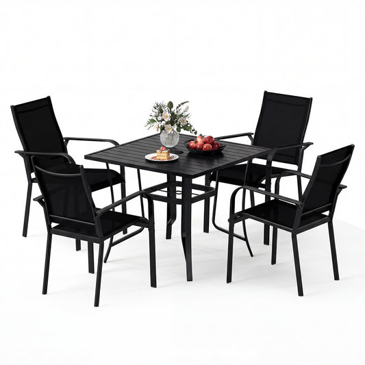 5 Piece Patio Dining Set, Outdoor Square Table, Stackable Chairs, Black Patio Conversation Sets Black at Gallery Canada