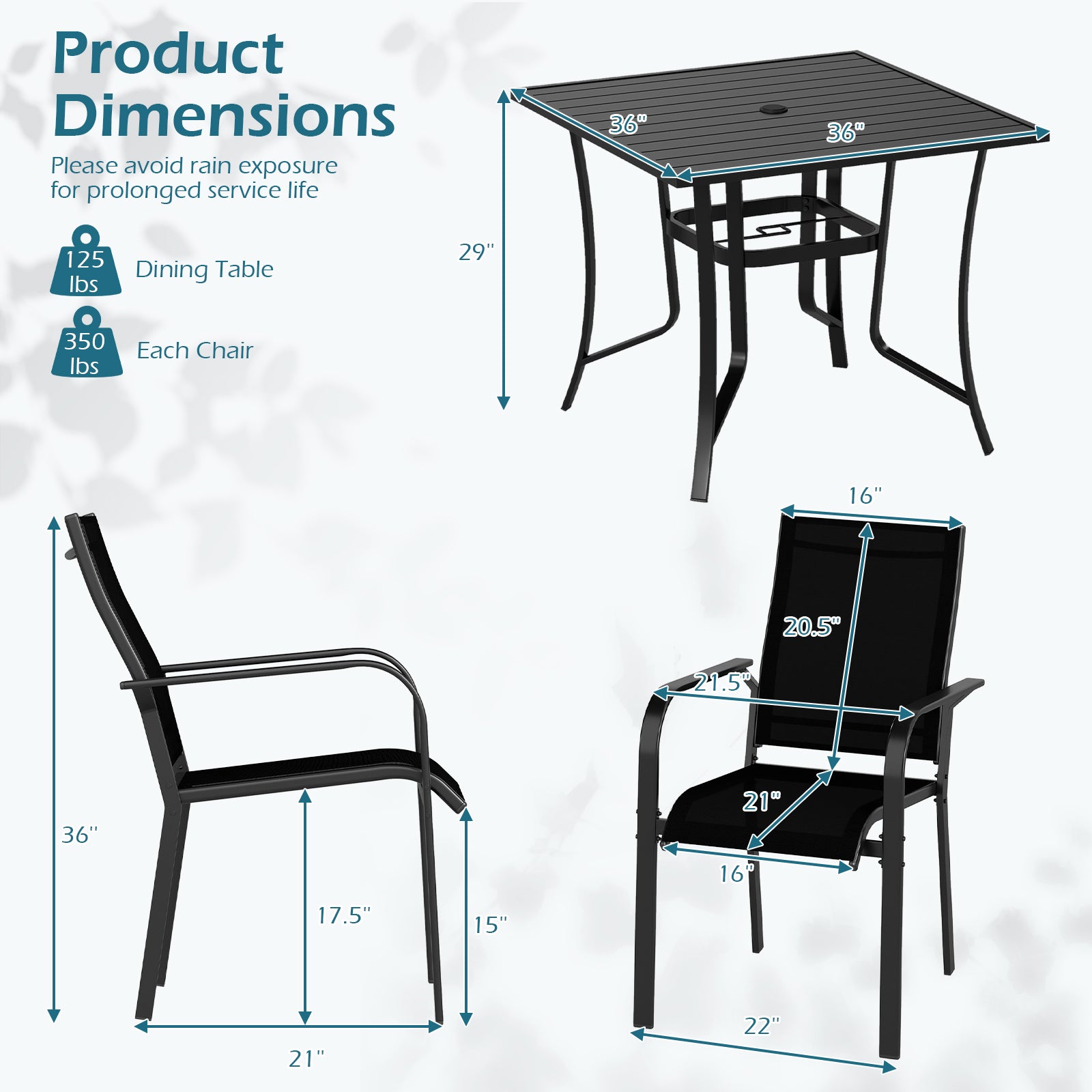 5 Piece Patio Dining Set, Outdoor Square Table, Stackable Chairs, Black Patio Conversation Sets at Gallery Canada