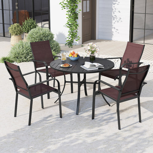 5 Piece Patio Dining Set, 42.5 Inch Round Metal Table, Coffee, Black