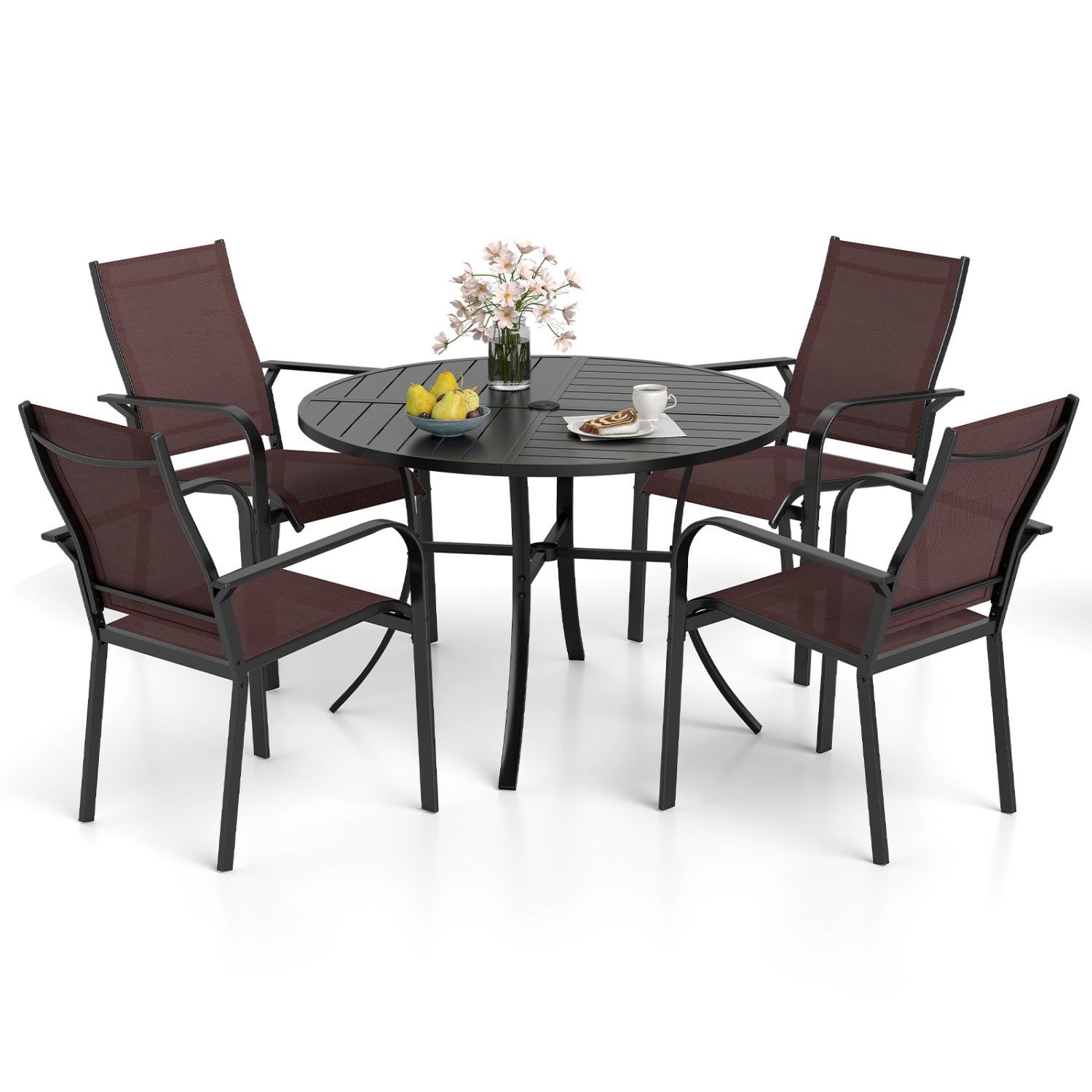 5 Piece Patio Dining Set, 42.5 Inch Round Metal Table, Coffee, Black Patio Dining Sets Coffee at Gallery Canada