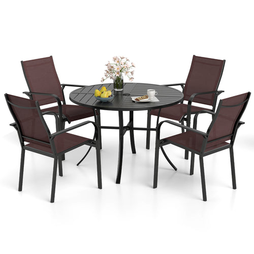 5 Piece Patio Dining Set, 42.5 Inch Round Metal Table, Coffee, Black