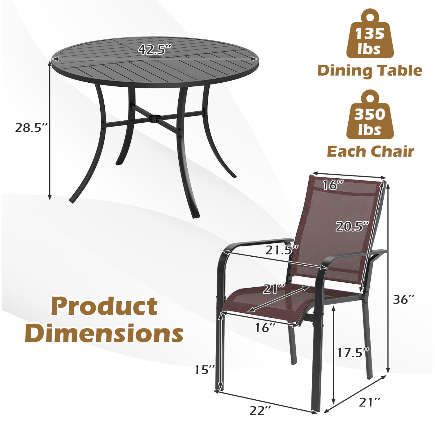 5 Piece Patio Dining Set, 42.5 Inch Round Metal Table, Coffee, Black Patio Dining Sets at Gallery Canada
