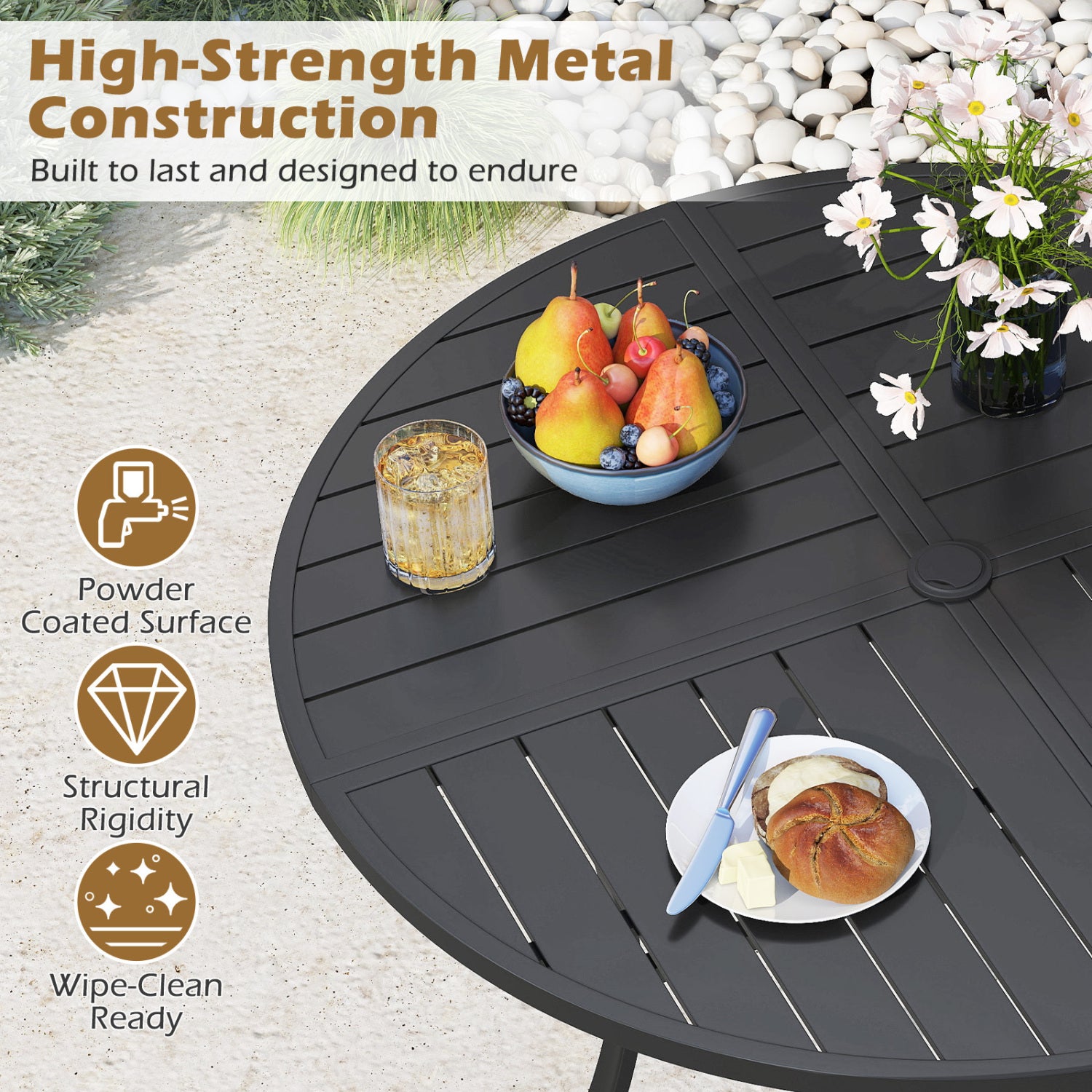 5 Piece Patio Dining Set, 42.5 Inch Round Metal Table, Coffee, Black Patio Dining Sets at Gallery Canada