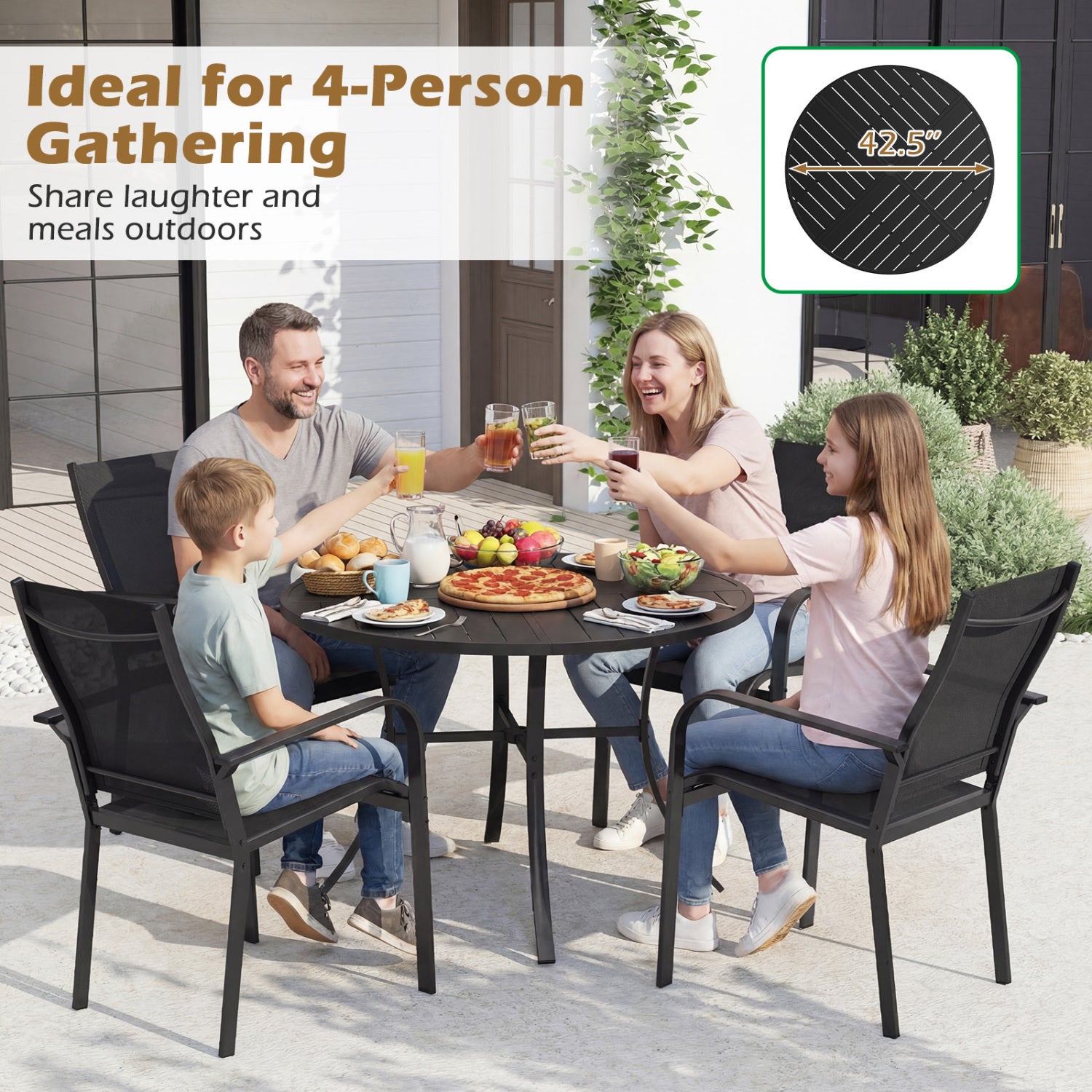 5 Piece Patio Dining Set, 42.5 Inch Round Metal Table, Coffee, Black Patio Dining Sets at Gallery Canada