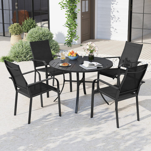 Patio Dining Set For 4, 42.5 Inch Round Metal Table, Black