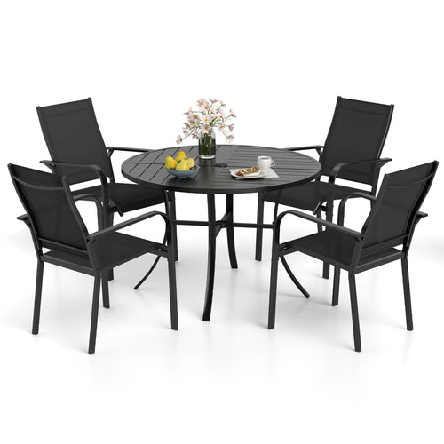 Patio Dining Set For 4, 42.5 Inch Round Metal Table, Black