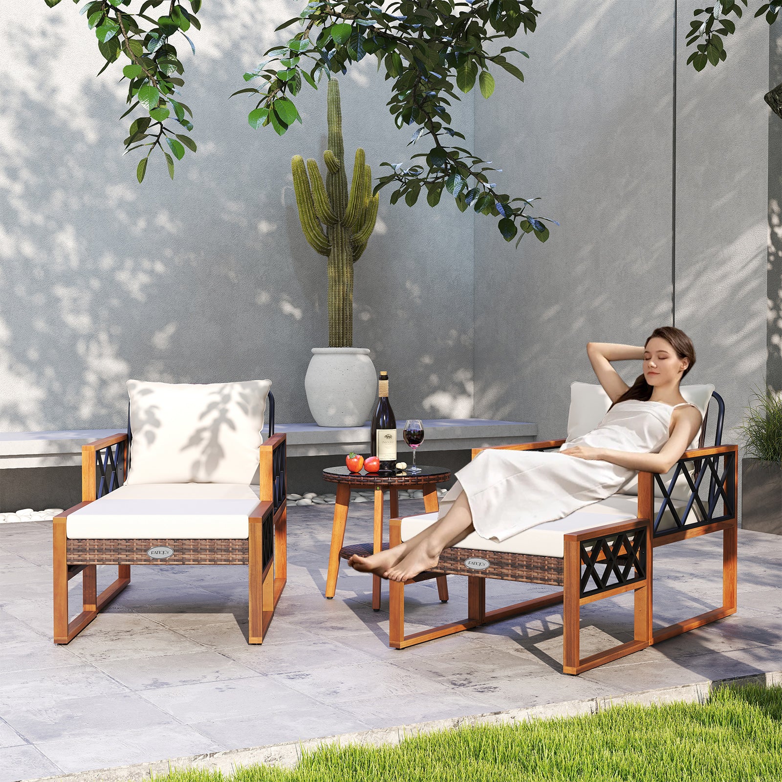 5 Pieces Patio Furniture Set PE Rattan Outdoor Conversation Set with Acacia Wood Patio Conversation Sets at Gallery Canada