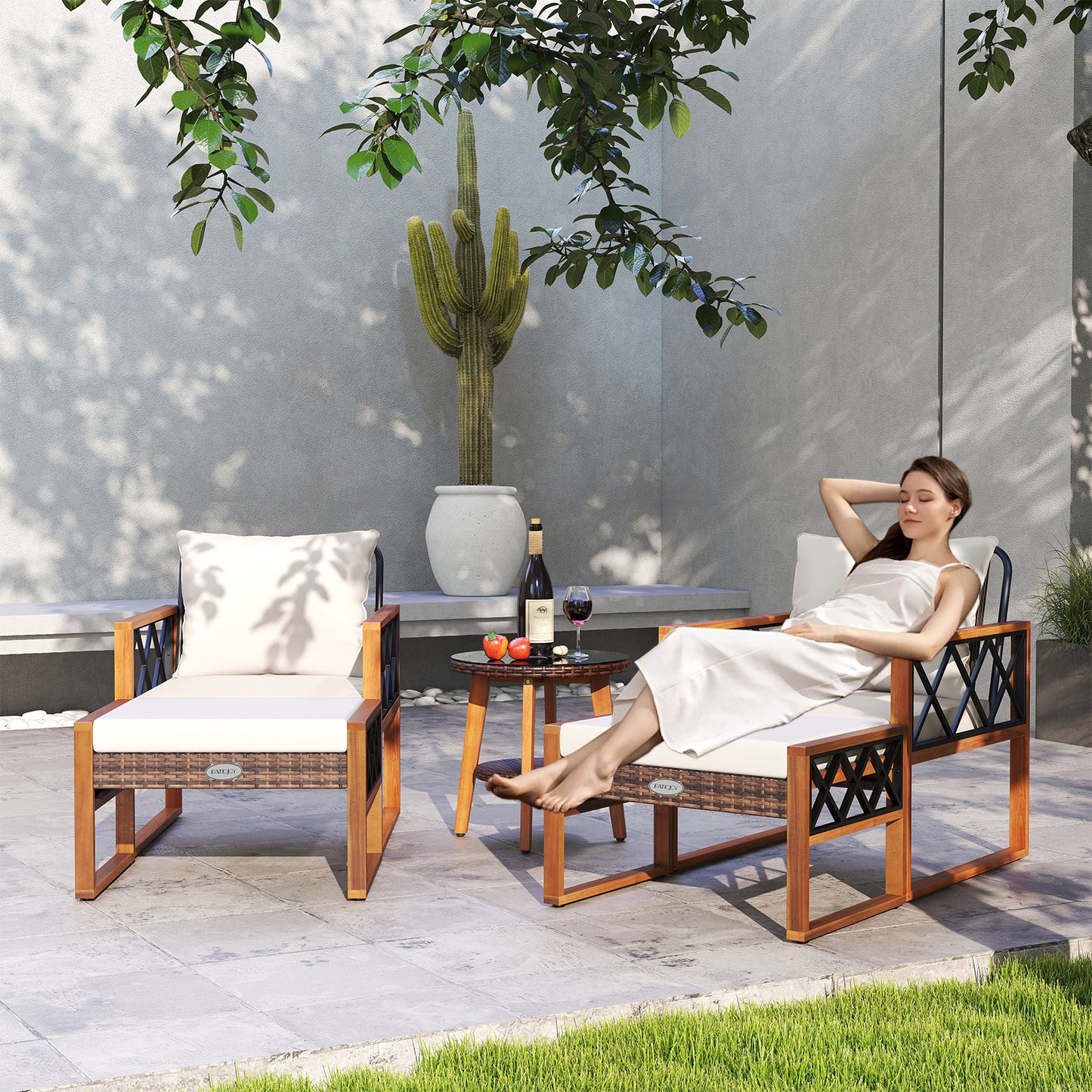 5 Pieces Patio Furniture Set PE Rattan Outdoor Conversation Set with Acacia Wood Patio Conversation Sets at Gallery Canada