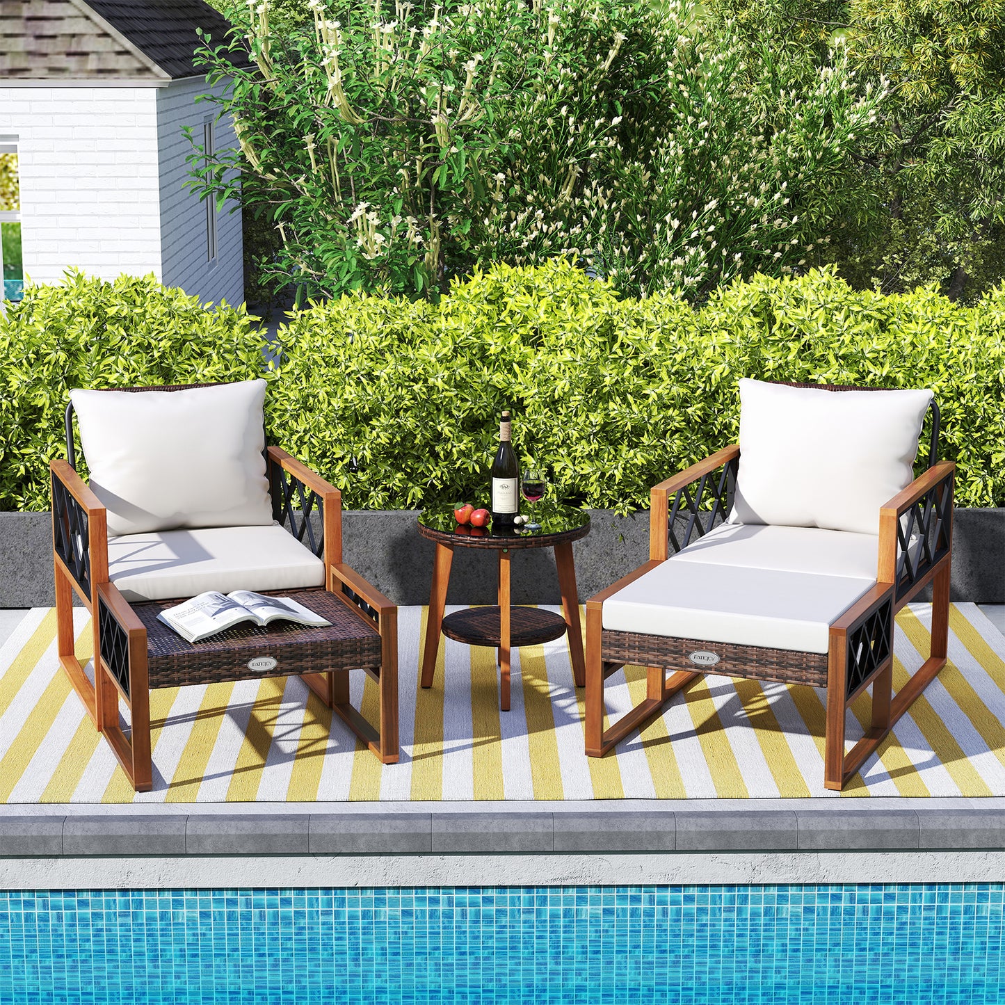5 Pieces Patio Furniture Set PE Rattan Outdoor Conversation Set with Acacia Wood Patio Conversation Sets at Gallery Canada