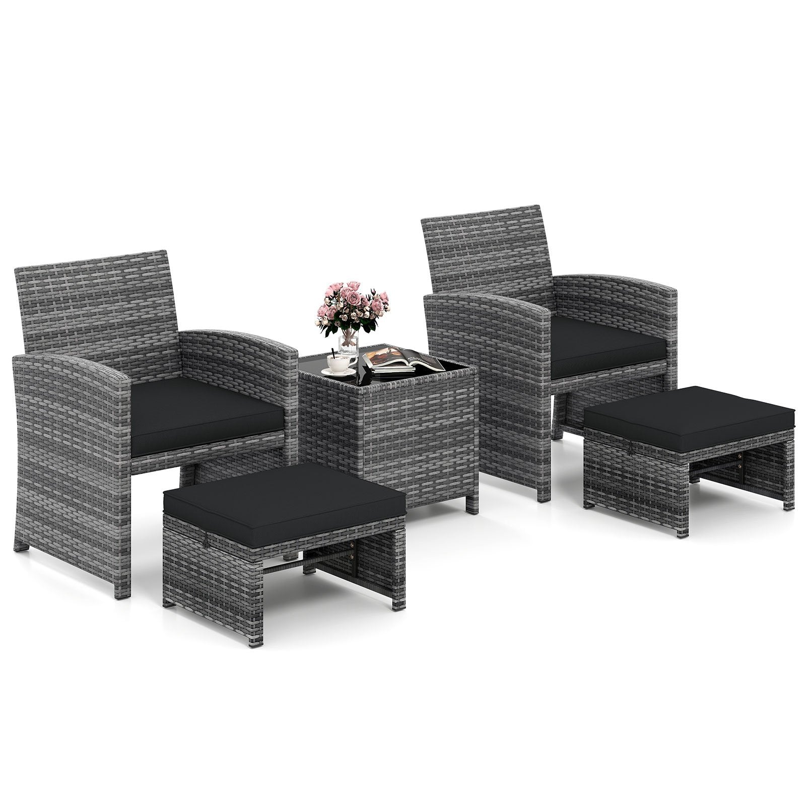 5 Pieces Patio Furniture Set PE Wicker Outdoor Lounge Chairs with 2 Ottomans, Black Outdoor Sectionals at Gallery Canada
