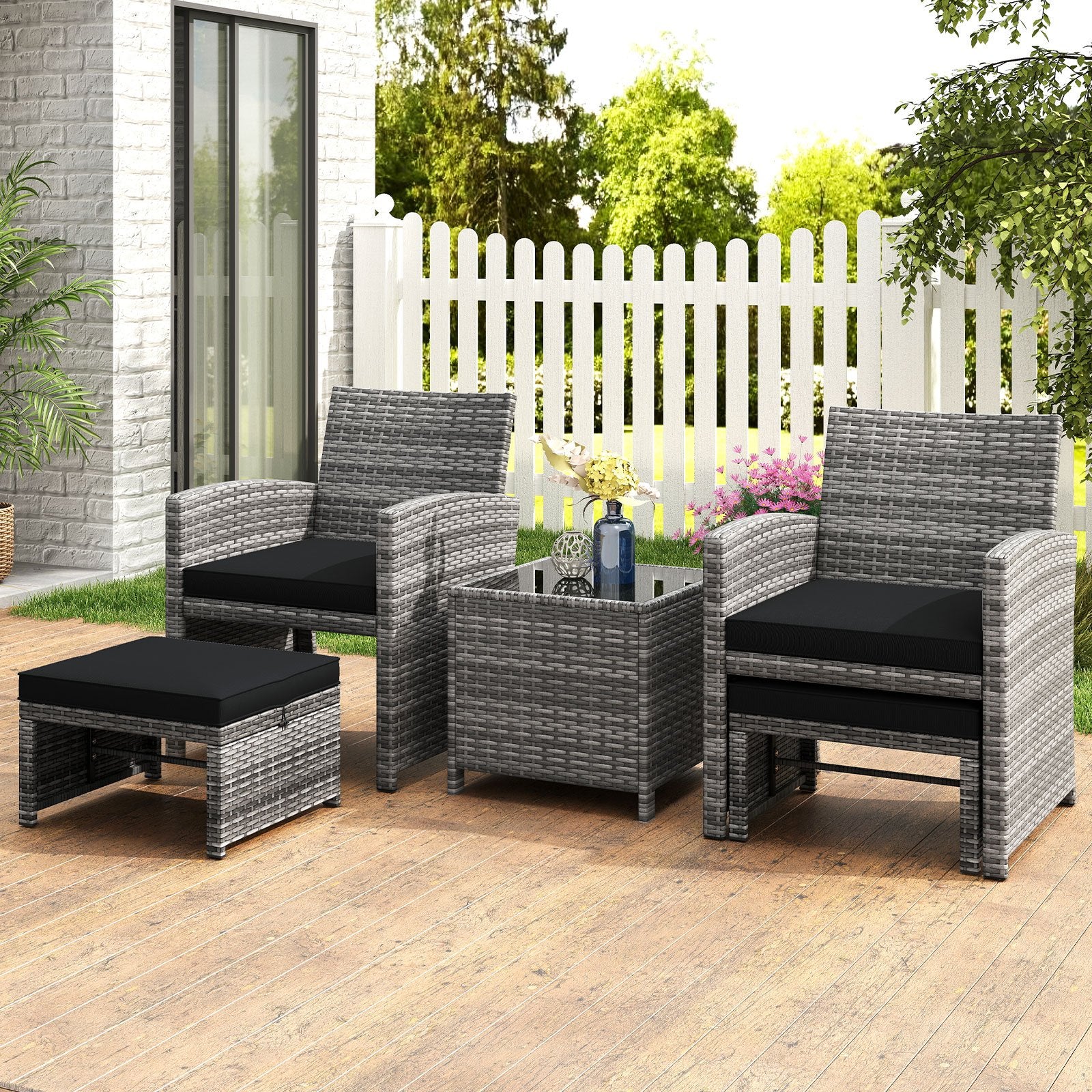 5 Pieces Patio Furniture Set PE Wicker Outdoor Lounge Chairs with 2 Ottomans, Black Outdoor Sectionals at Gallery Canada