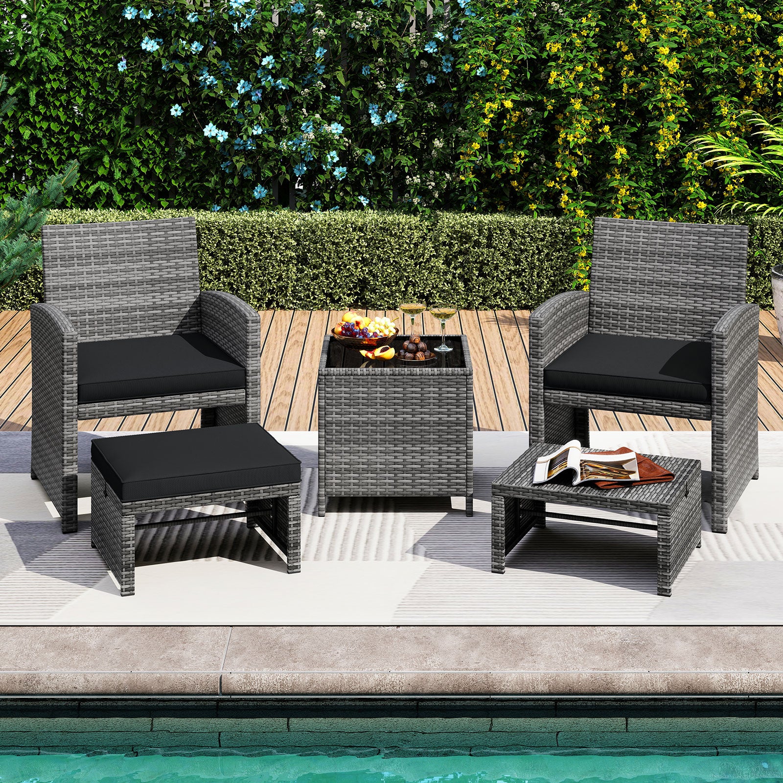 5 Pieces Patio Furniture Set PE Wicker Outdoor Lounge Chairs with 2 Ottomans, Black Outdoor Sectionals at Gallery Canada