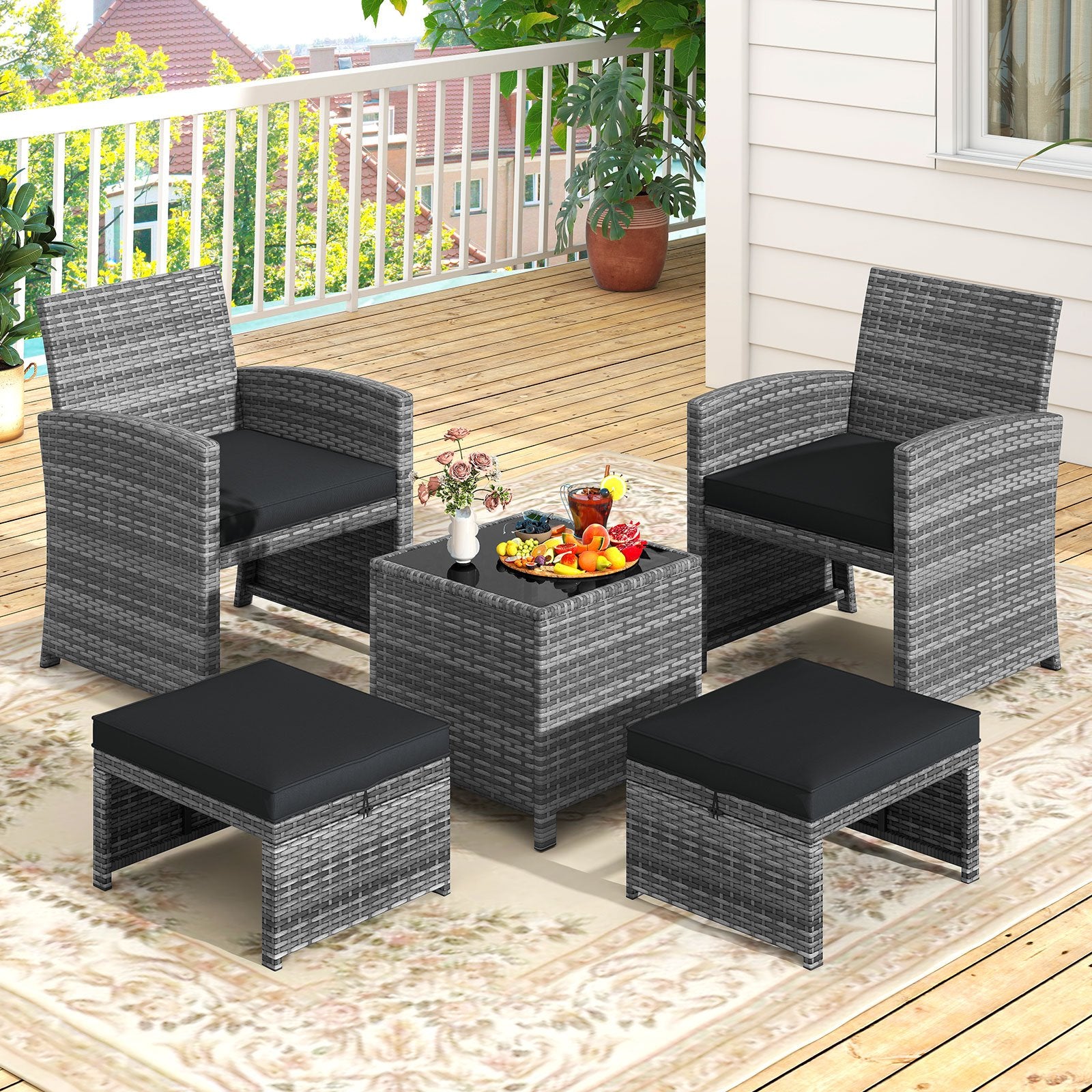 5 Pieces Patio Furniture Set PE Wicker Outdoor Lounge Chairs with 2 Ottomans, Black Outdoor Sectionals at Gallery Canada