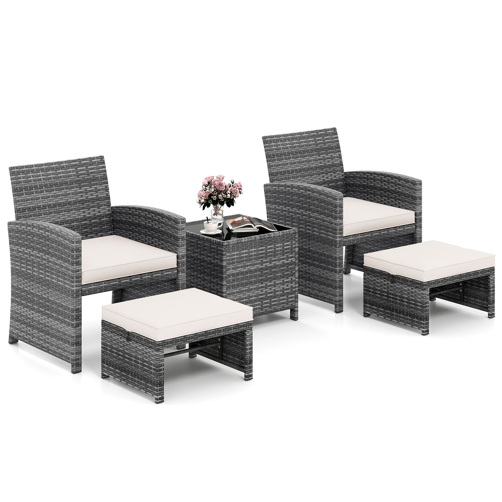 5 Pieces Patio Furniture Set PE Wicker Outdoor Lounge Chairs with 2 Ottomans, White Outdoor Sectionals at Gallery Canada
