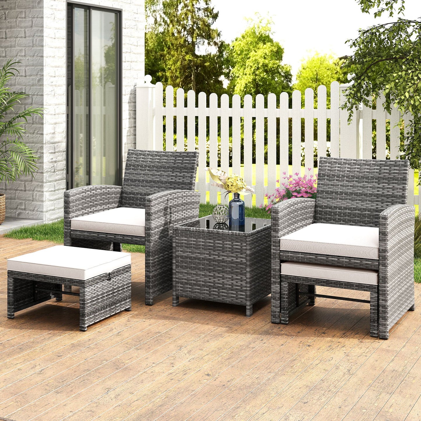 5 Pieces Patio Furniture Set PE Wicker Outdoor Lounge Chairs with 2 Ottomans, White Outdoor Sectionals at Gallery Canada