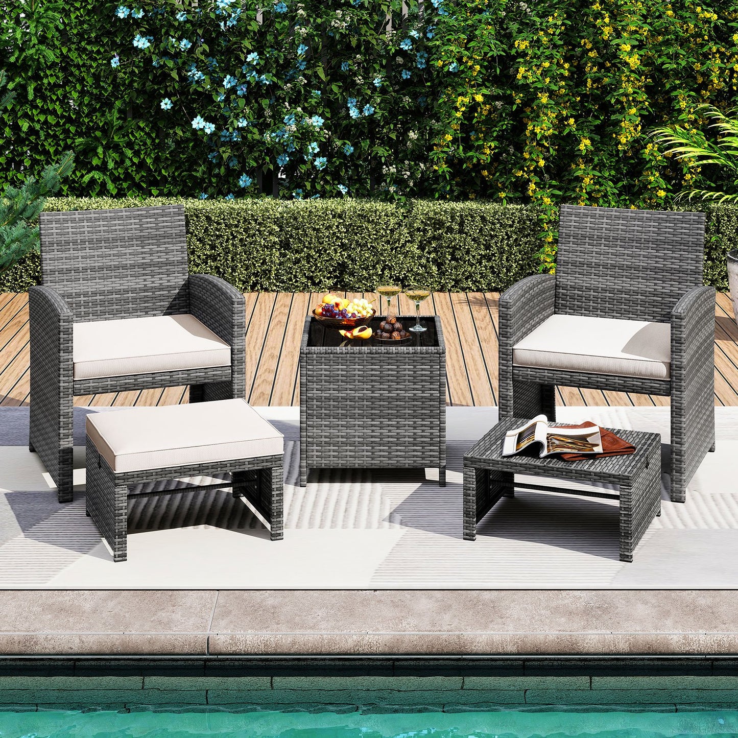 5 Pieces Patio Furniture Set PE Wicker Outdoor Lounge Chairs with 2 Ottomans, White Outdoor Sectionals at Gallery Canada