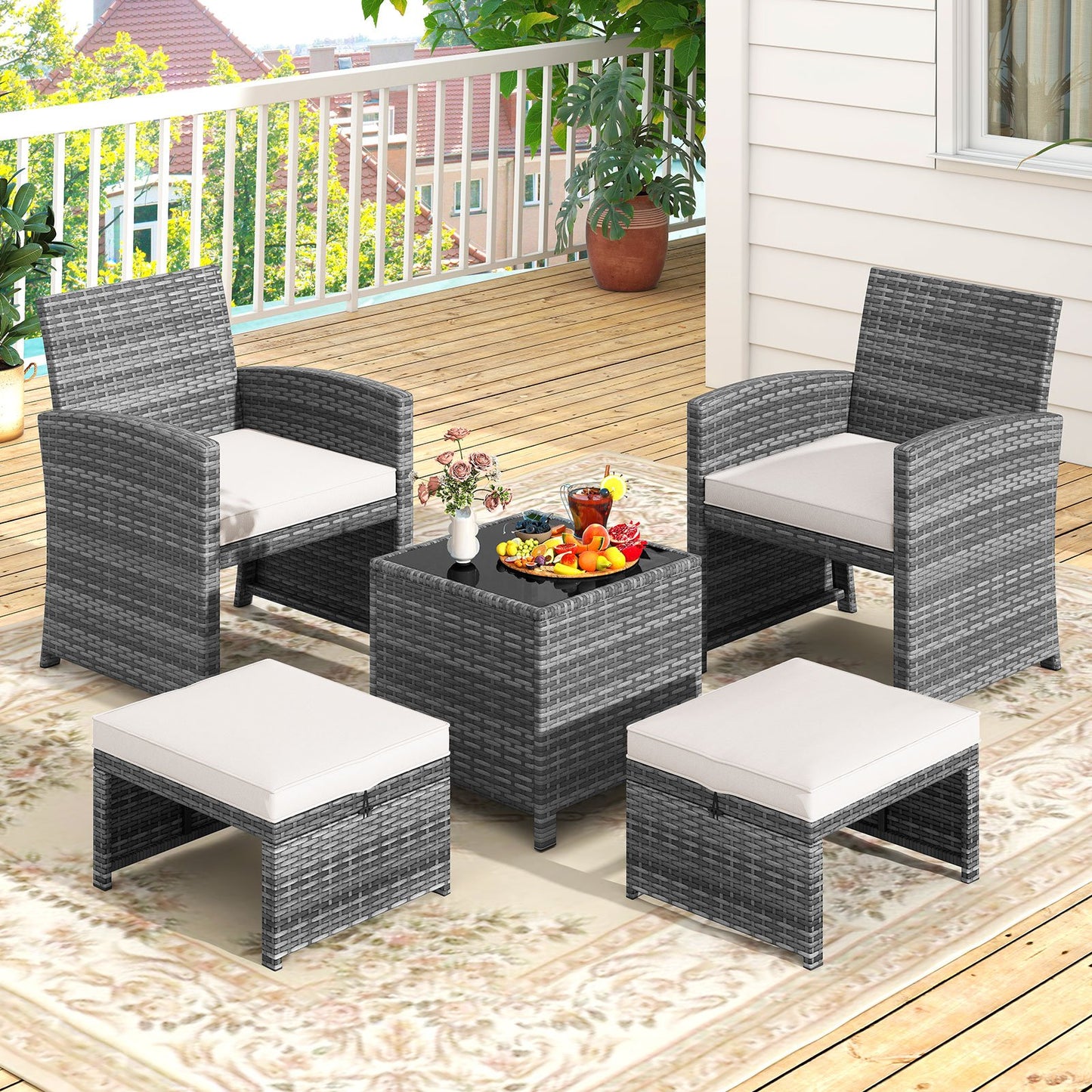 5 Pieces Patio Furniture Set PE Wicker Outdoor Lounge Chairs with 2 Ottomans, White Outdoor Sectionals at Gallery Canada
