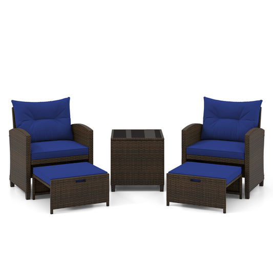 5 Pieces Patio Rattan Furniture with 2 Ottomans and Tempered Glass Coffee Table, Navy Patio Conversation Sets Navy at Gallery Canada