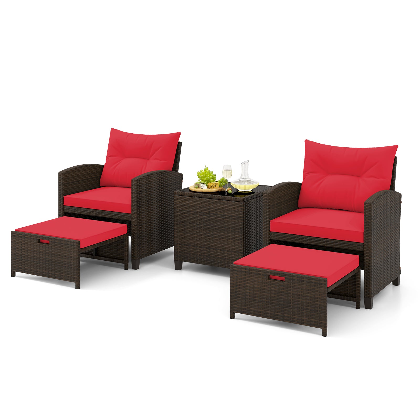 5 Piece Patio Rattan Furniture Set, 2 Ottomans, Tempered Glass Coffee Table, Red Patio Conversation Sets at Gallery Canada