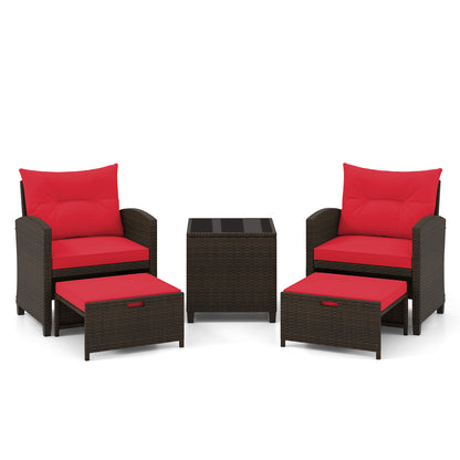 5 Piece Patio Rattan Furniture Set, 2 Ottomans, Tempered Glass Coffee Table, Red Patio Conversation Sets Red at Gallery Canada